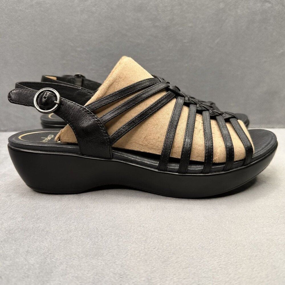 Womens 10.5-11 / EU 41 Dansko Dana Sandals Black Leather Strappy Slingback Wedge